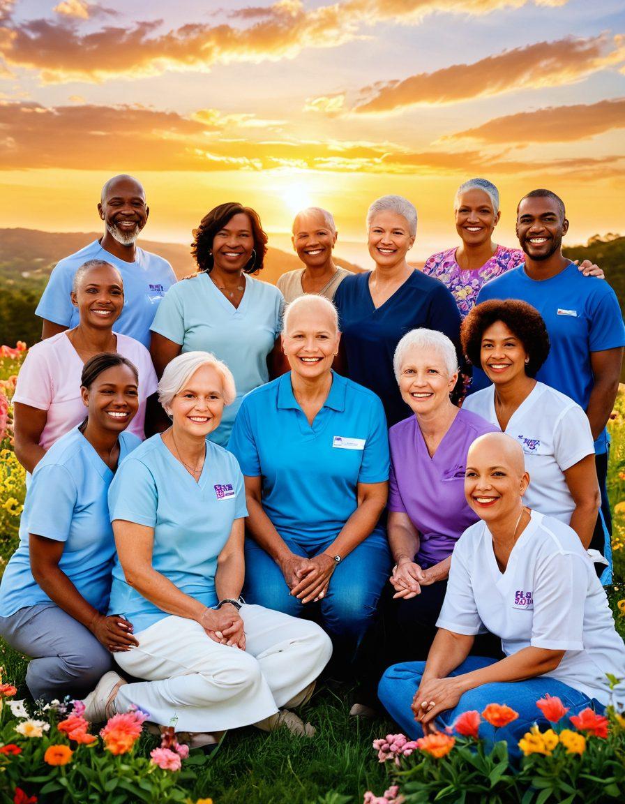 A serene landscape featuring a diverse group of cancer survivors, smiling and engaging in a supportive circle. The background showcases a radiant sunset symbolizing hope, with vibrant flowers representing resilience. Incorporate symbols of patient advocacy, like advocacy ribbons and informative pamphlets. Emphasize warmth and community spirit. super-realistic. vibrant colors. inspirational.