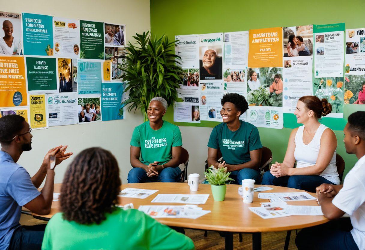 A diverse group of people participating in a community support meeting, sharing stories with compassion, surrounded by vibrant posters about cancer awareness and wellness. In the background, there are green plants symbolizing hope and recovery, and a table with healthy snacks and informational brochures. The atmosphere should radiate warmth and connection, highlighting the theme of advocacy. super-realistic. vibrant colors. soft lighting.